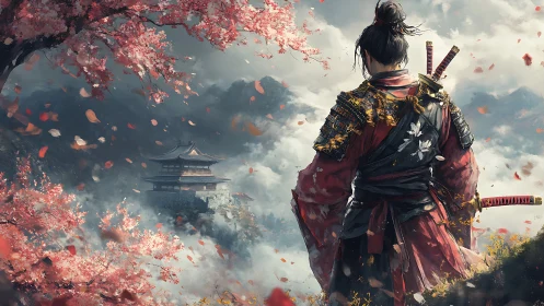 Samurai overlooks mist temple beneath drifting sakura petals.