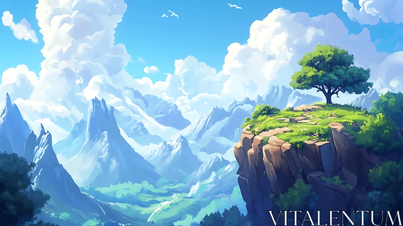 Lone tree crowns sunlit cliff above vast blue mountains