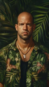 Photorealistic tropical portrait with botanical depth and contrast.