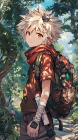 White-haired anime boy with backpack stands on forest path