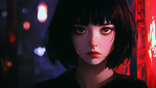 Neon alley girl with haunted eyes and midnight resolve.