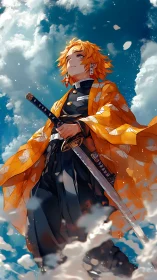 Sword warrior stands beneath luminous drifting clouds