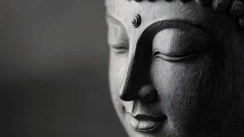 Serene Buddha stone sculpture close-up in soft grayscale light.