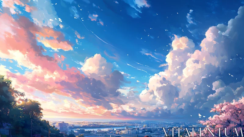 Glowing sunset clouds roll over a peaceful city and bay