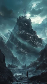 Storm-bound cliff fortress with ship masts in icy inlet.