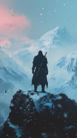Solitary cloaked warrior surveys vast cyan-lit alpine range