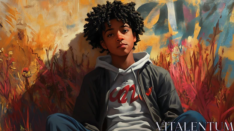 Urban daydreamer resting in a wild, paint-splashed garden.