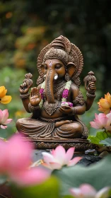 Bronze Ganesha sculpture framed by soft lotus foreground bokeh.