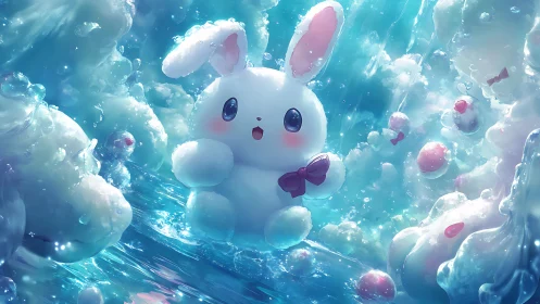 Cotton-candy bunny sails through a glittering turquoise dream