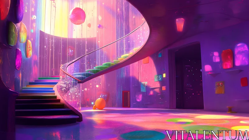 Colorful spiral staircase curves through neon lit interior