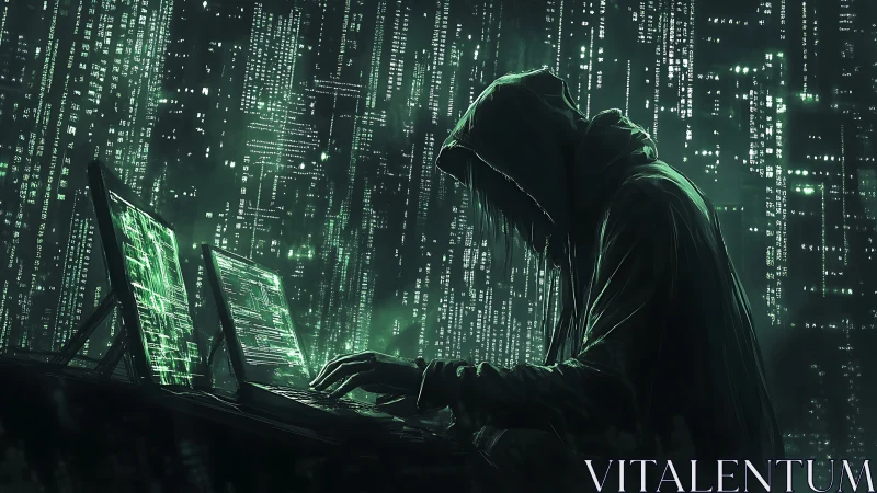 Mysterious hooded coder works quietly in a neon data storm