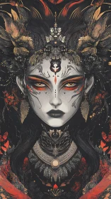Dark fantasy queen portrait with ornate feathered headdress.