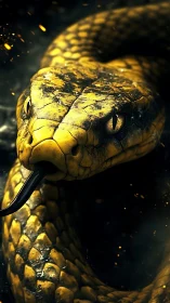 Molten-scaled serpent coiled in ember-lit shadowed vigilance.