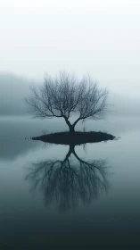 Solitary winter tree sketches a perfect twin across water