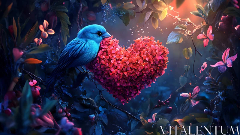 Blue Bird and Glowing Heart-Shaped Flowers in Enchanted Forest.