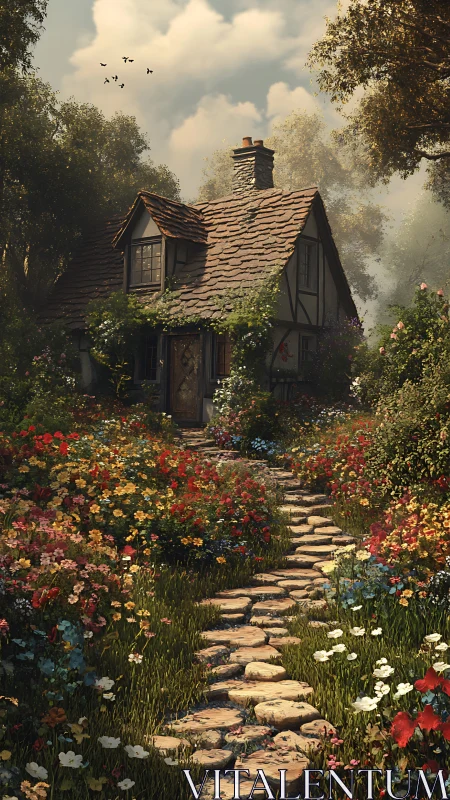 Storybook cottage amid wildflower garden at forest edge.