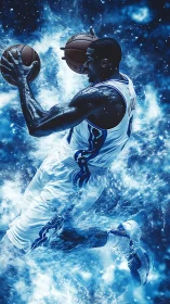 Basketball player suspended in blue cosmic energy field