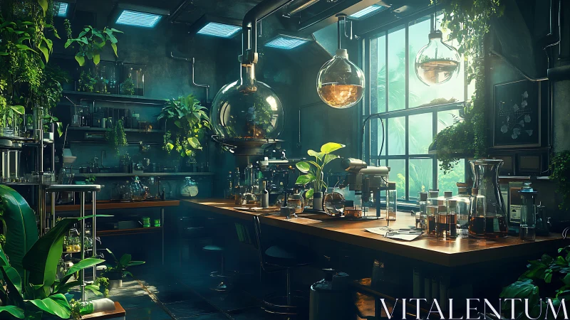 Botanical alchemist’s sunlit lab of glass, roots, and wonder.