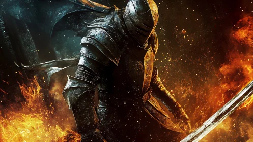 Blazing armored knight stands defiant in a storm of fire