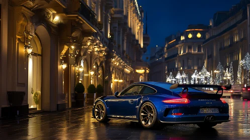 Midnight blue supercar prowls a jeweled European boulevard.