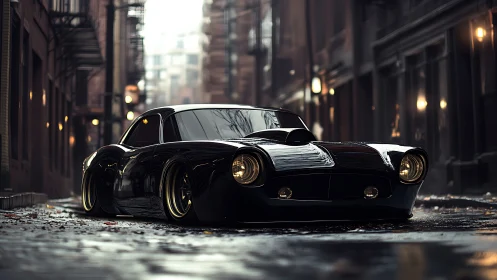 Midnight muscle coupe prowling a rain-slicked city alley.