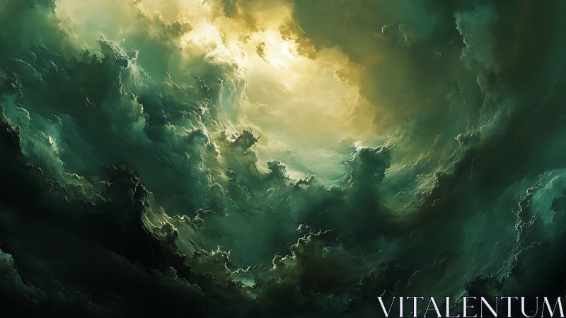 Glowing storm sky opening into a dreamlike emerald light.