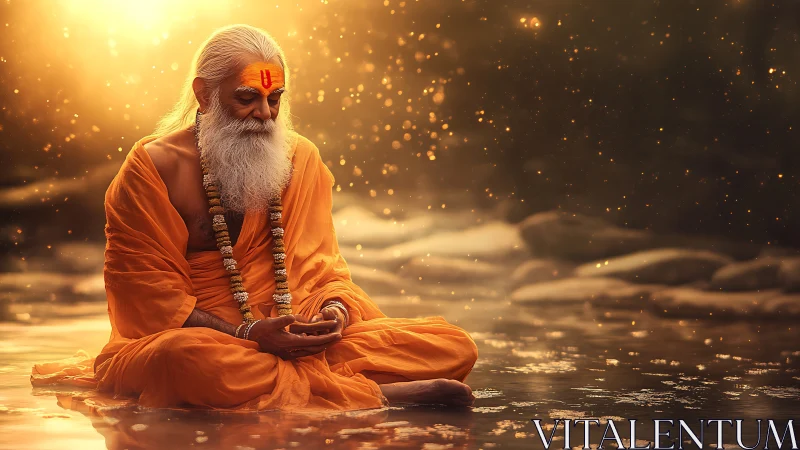 Meditating ascetic in orange robes under volumetric river light field