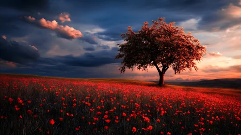Solitary flowering tree over scarlet poppy meadow at sunset