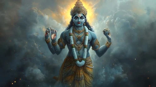 Stormlit blue deity strides through clouds of silent thunder.