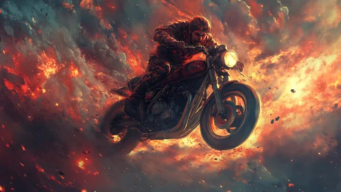 Motorcyclist arcs through incendiary clouds in dynamic digital art