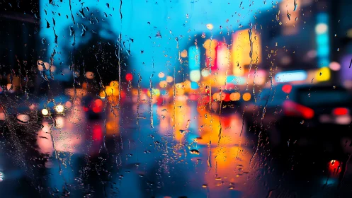 Rain-streaked car window with defocused neon city traffic at dusk