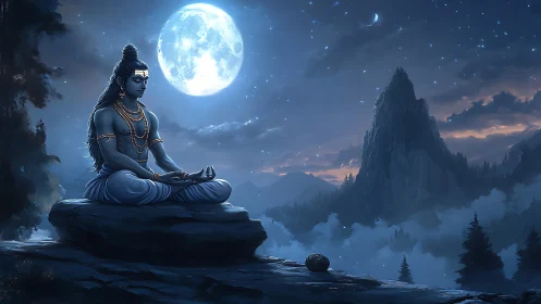 Moonlit meditation with Shiva in peaceful mountain silence.