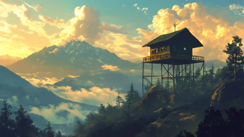 Sunlit mountain lookout cabin welcomes the morning sky