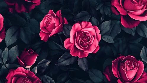 Vibrant Pink Roses with Dark Foliage Against Black Background