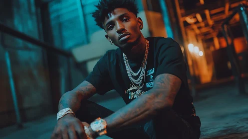 Neon-lit street style portrait in a moody city alleyway.