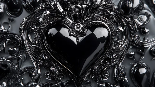 Gleaming obsidian heart crowned in baroque liquid metal.