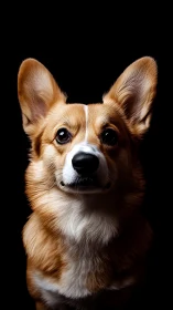 Expressive corgi portrait under dramatic studio lighting.