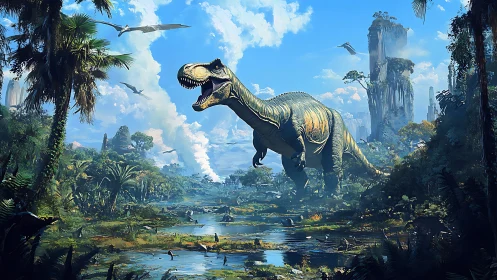 Majestic dinosaur strides through lush prehistoric valley.