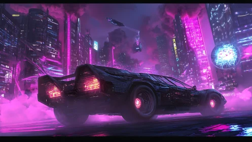 Cyberpunk neon pursuit coupe in vapor-drenched megacity streets.
