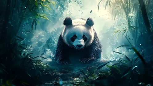 Curious panda explores a misty bamboo forest stream.