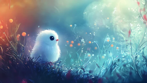 Tiny white chick gazes into a glowing enchanted meadow