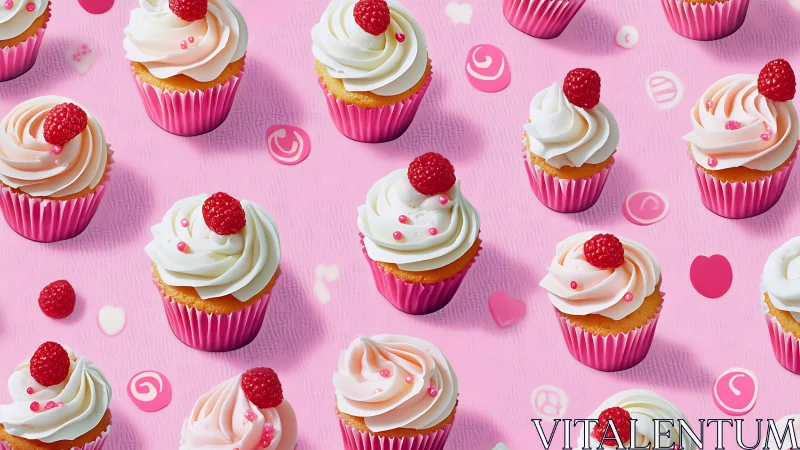 Pink-Frosted Raspberry Cupcakes Arranged in Cheerful Pattern