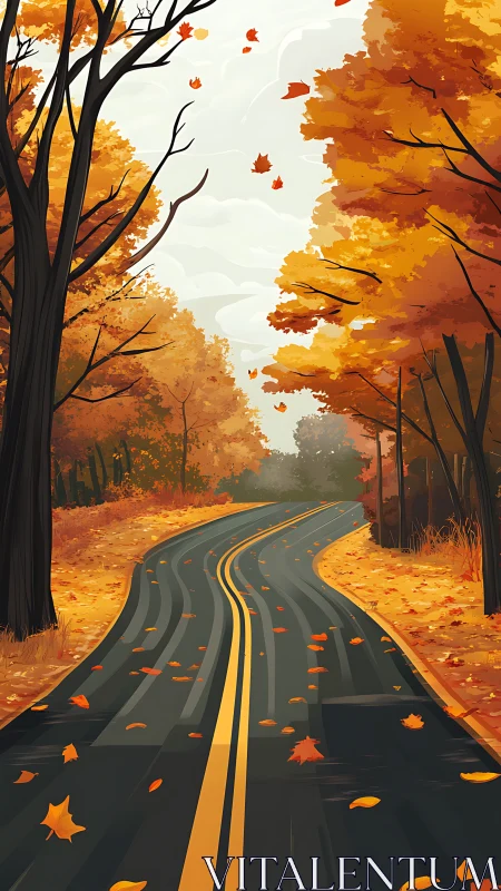 Curving asphalt corridor through vector stylized autumn canopy.