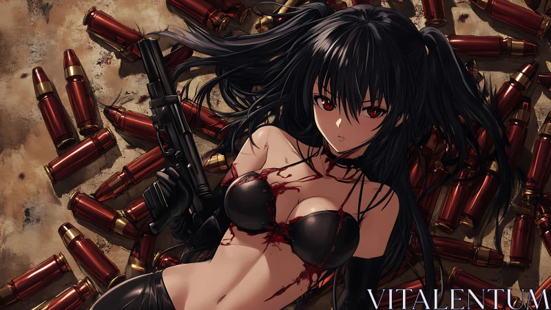 Armed anime woman lying among scattered large cartridges.