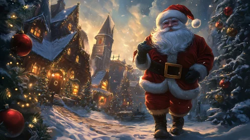 Santa Claus strides through illuminated snowy village street