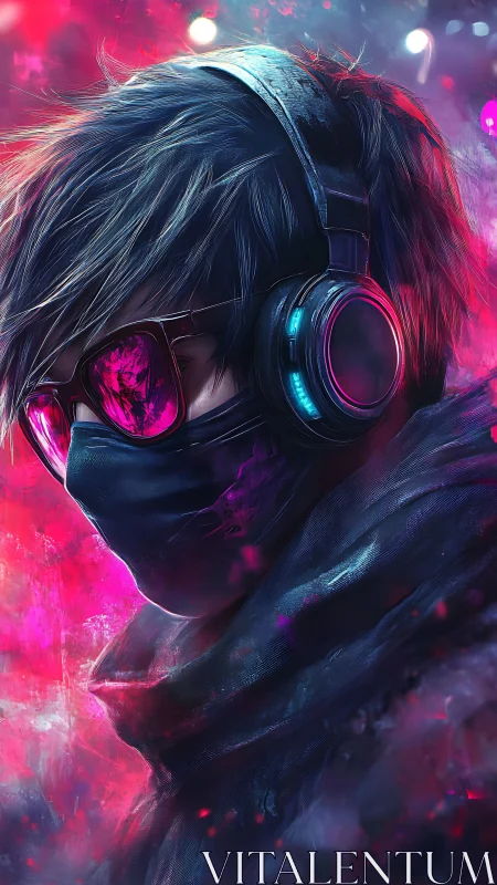 Hooded cyberpunk figure wears headphones and reflective visor