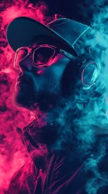 Neon soundwaves crown a headphone hero in drifting vapor