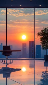 Sunset over city skyline viewed from empty office interior.