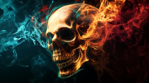 Luminous fiery skull rendered in dual-toned ethereal smoke field