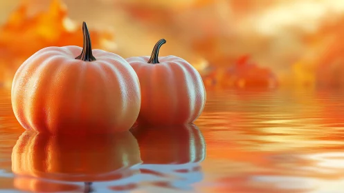 Specular-lit twin pumpkins on reflective autumn liquid plane.